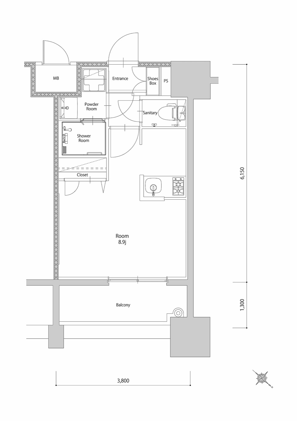 博多区 築港本町のワンルーム 間取り図
